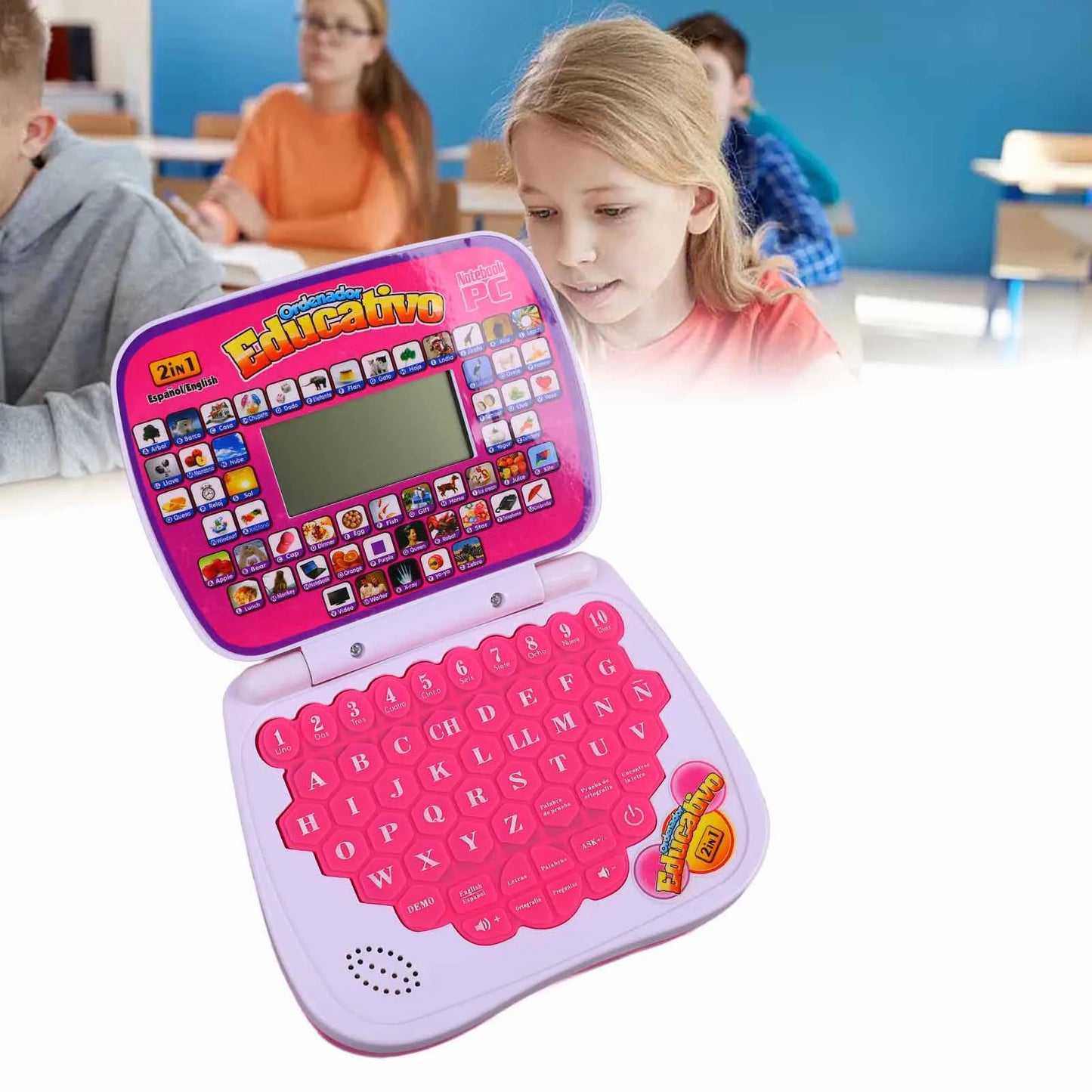 ZK40 Kids Learning Machine English Spanish Music Function Interactive Educational Laptop for Children Pink