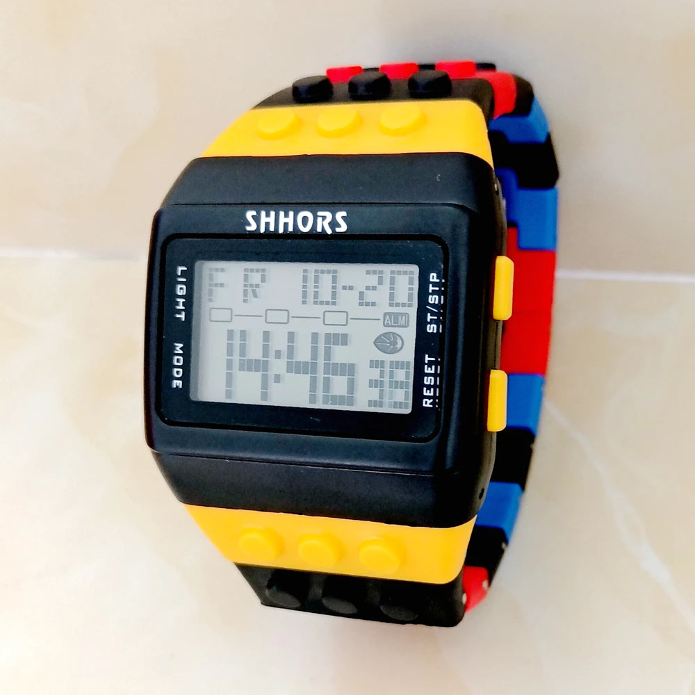 Fashion Students Mens Women Colourful SHHORS Building Blocks Plastic Waterproof Sport Digital Electronic Multifunctional Watches