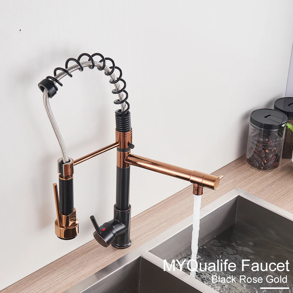 Black Pull Down Brass Kitchen Sink Faucet Hot Cold Water Mixer Crane Tap with Dual Spout 360 Rotation High Faucet Deck Mounted