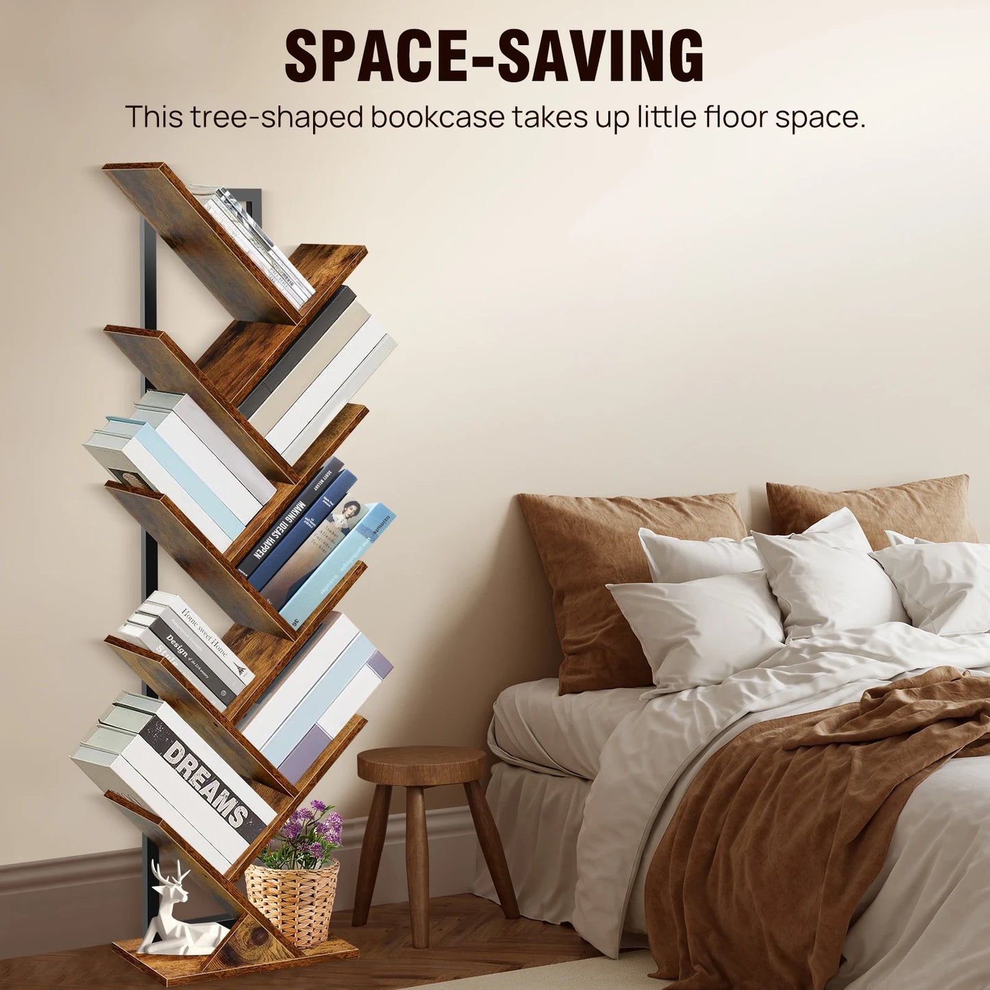 BRIEFNESS 9-Tier Tree Bookshelf,Floor Standing Bookcase,Tree Shaped Book Shelves,Display Storage Shelving Units Storage Rack