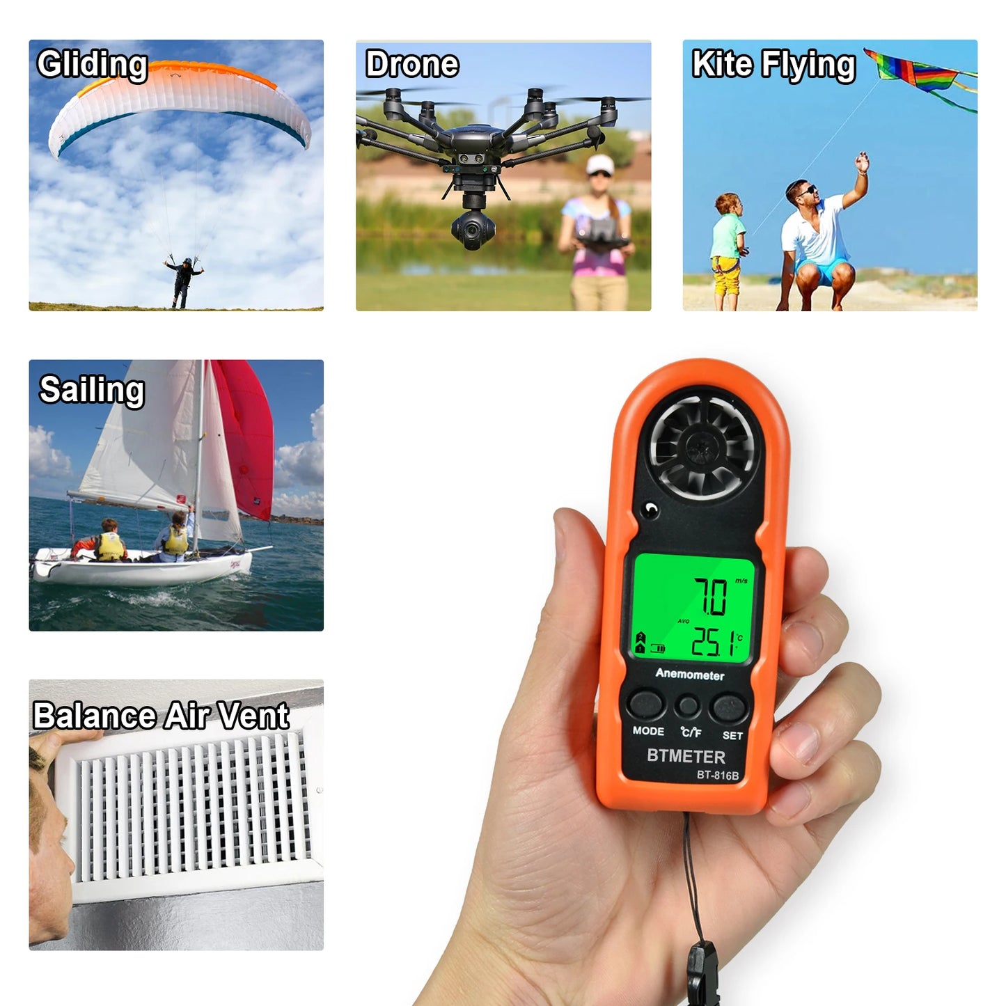Mini Pocket Anemometer HP-816B, Wind Speed Meter 0-30m/s Current/Average/Max with Temp Backlit LCD for Drone Shooting Outdoor