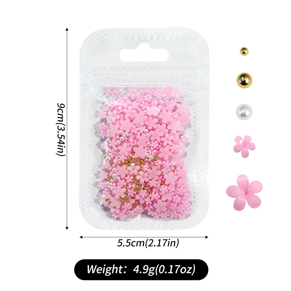 1box 3D Flower Bow Nail Art Decorations Kit Pink/White Acrylic Floral/Peal Beads Nail Charm with Wax Pen/Tweezer 4/6mm Nail Part