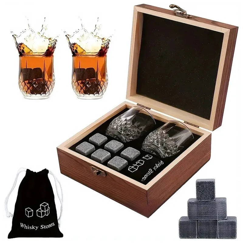 Set 8 Pcs Granite Ice Cubes+ 2 Pcs Cups For Whisky In Wooden Bottle Box Present For Dad Father'S Day Gift For Men Whiskey Stones