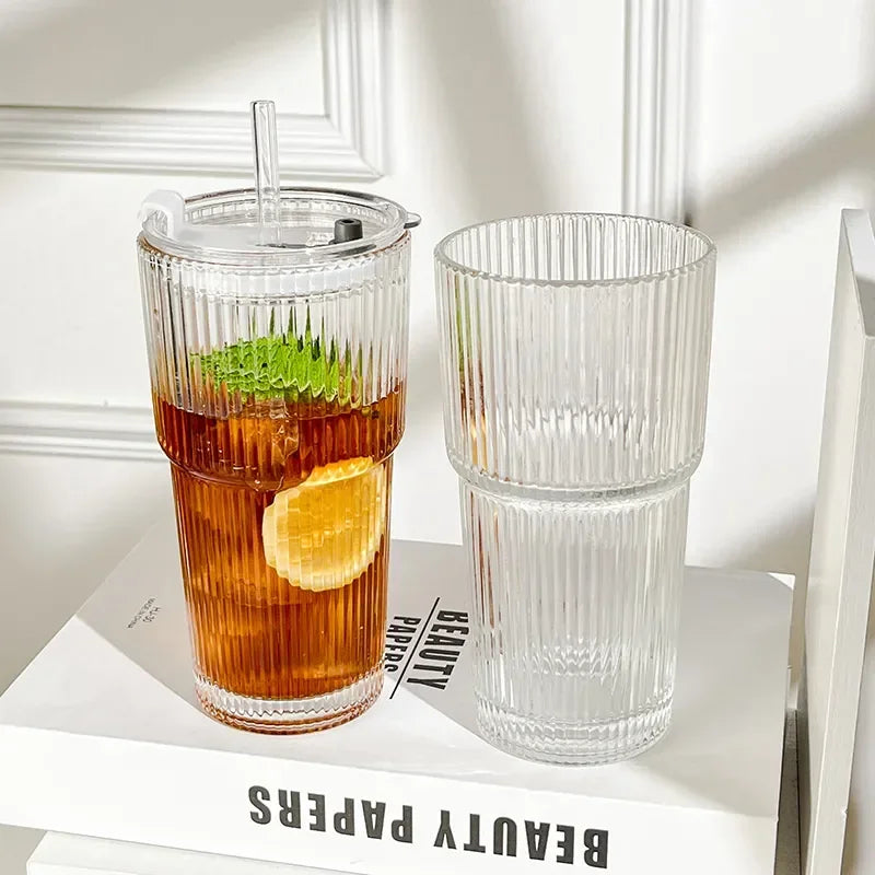 600ML Stripe Glass Coffee Cup with Lid and Straw Transparent Drinking Glasses for Juice Milk Tea Cups Iced Coffee Mugs Drinkware