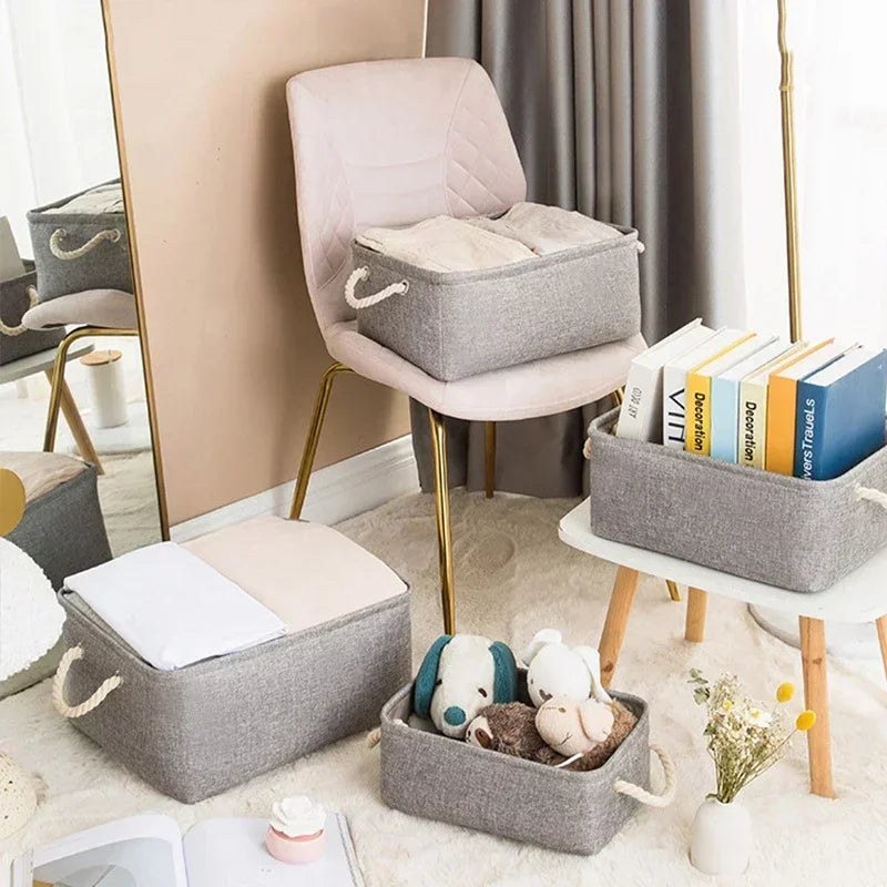 Folding Linen Fabric Storage Basket Multi-functional Sundries Storage Bag with Handle Organizer Box for Underwear Sock Baby Toys
