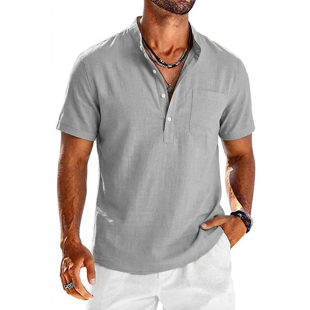 Summer Men's Short Sleeve Linen Shirts Lightweight T-shirts for Men Breathable Henley Shirt Casual Pocket Button Tee Beach Shirt