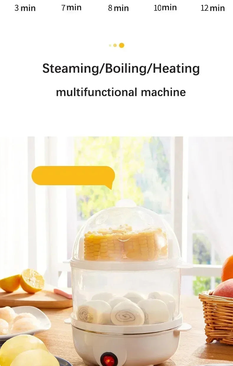 Multifunctional Electric Egg Cooker Steamer - Double Layer for Boil, Poach, Steam Eggs & Veggies, Compact Breakfast Appliance