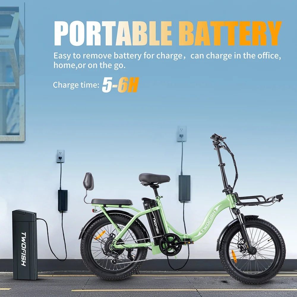 UK Stock TWOFISH TF02 E-Bike: 250W, 36V 17.8Ah, 20"x4" Tyres, 25km/h Max Speed, 100km Max Range, Disc Brakes, Front Suspension