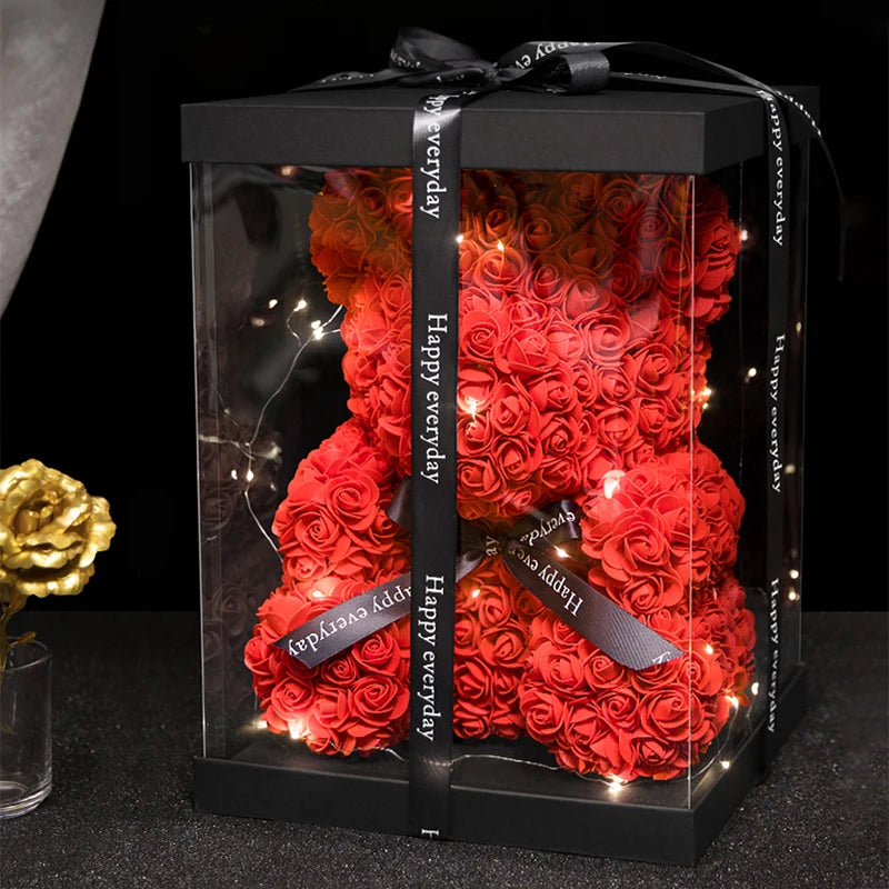 Rose Bear With Box Lights Valentine Gifts Decoration Artificial Flower Teddy Bear for Women/Girlfriend Love Flower Birthday Gift