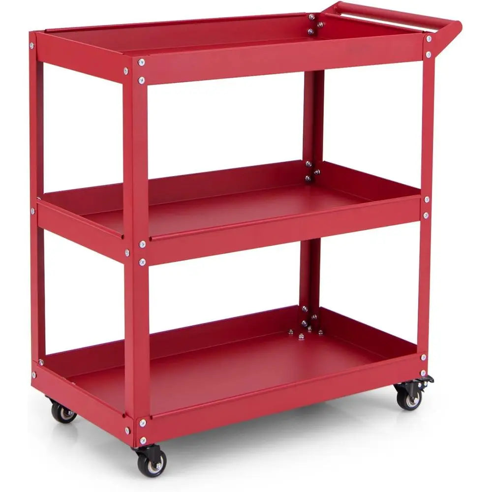 Sturdy 3-Tier Metal Tool Cart with Lockable Wheels, Red - Ideal for Workshop, Garage, Kitchen Storage