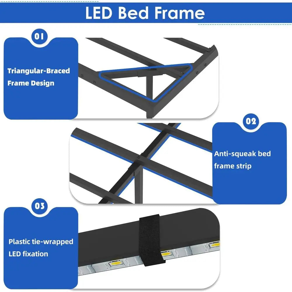 Double Size Metal Platform Bed with Adjustable Upholstered Headboard, 140x200cm, No Box Spring Needed, Slatted Base