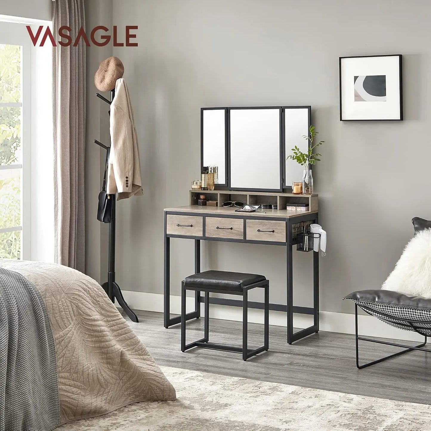 VASAGLE Dressing table with 3-piece folding mirror, hair dryer holder, cosmetic table with padded stool, 3 drawers
