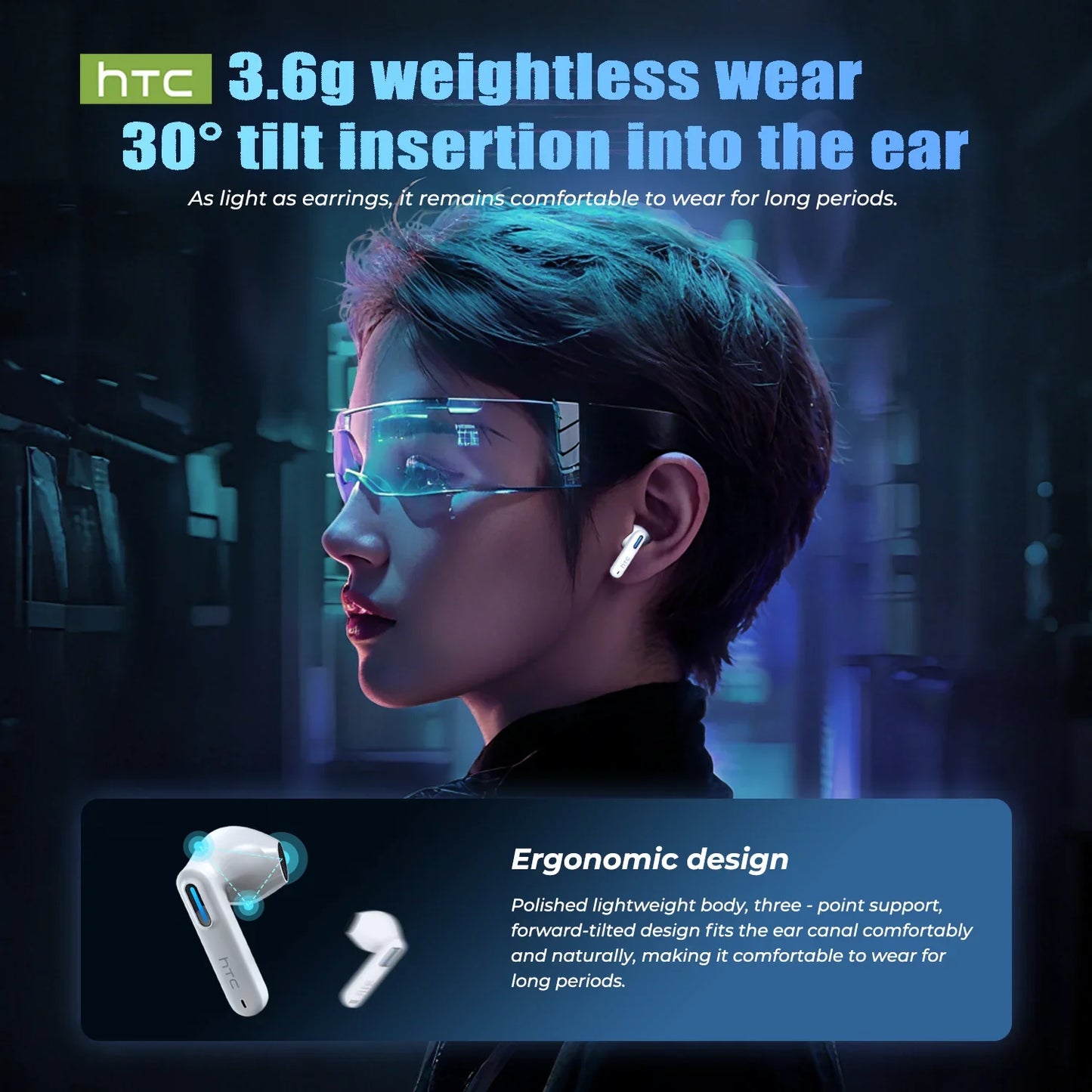 HTC NE49 Earphones Bluetooth V6.0 Noise Reduction TWS Sports Wireless Headphones with Mic Long life