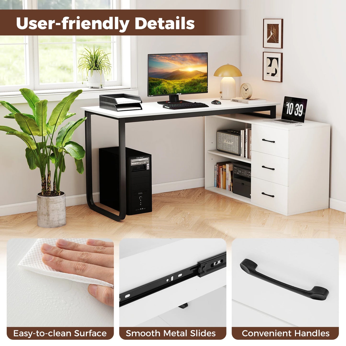 GOFLAME L Shaped Computer Desk Corner Executive Desk w/3 Drawers-White