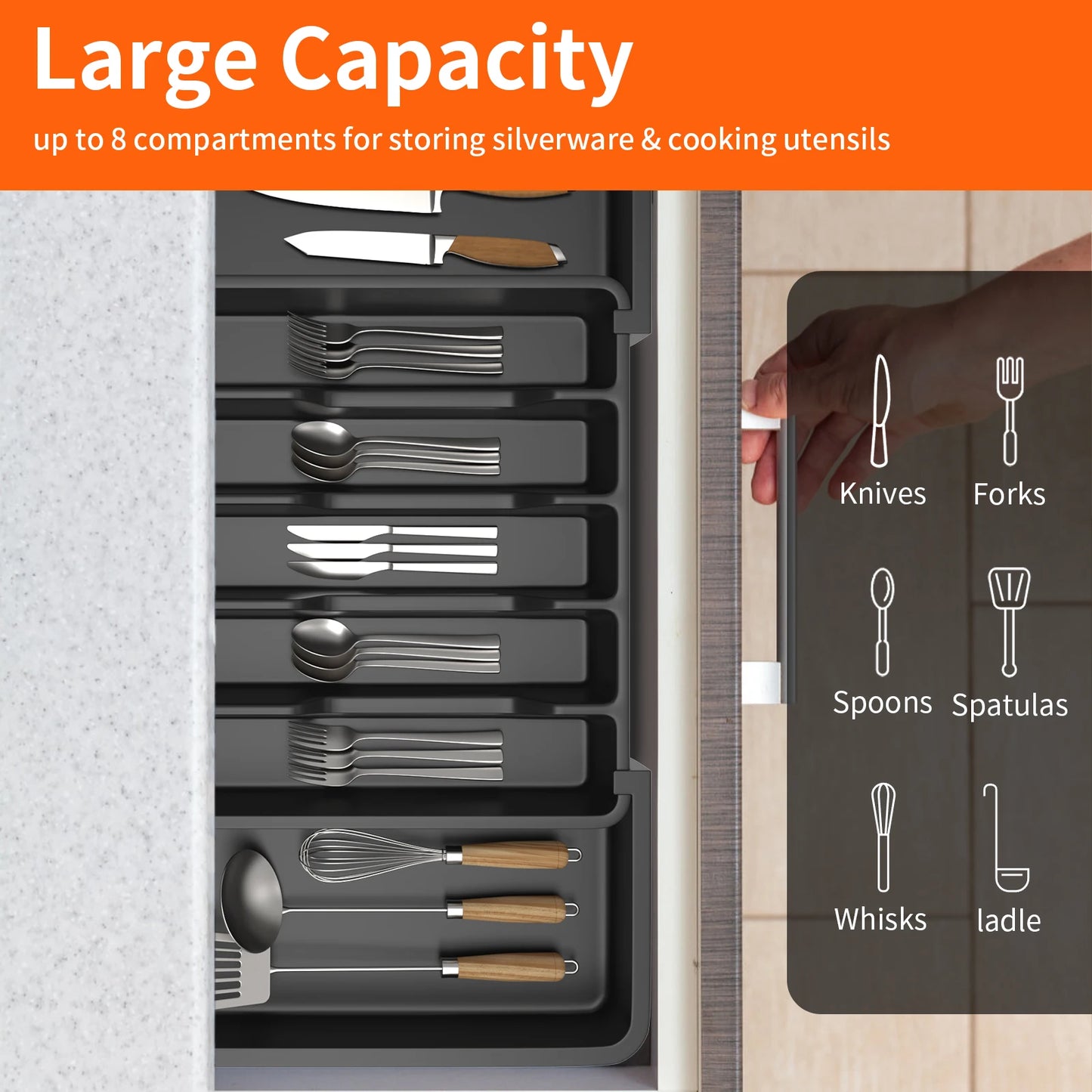 Cutlery Drawer Organiser, 33-57CM Expandable Utensil Tray for Kitchen with 8 Compartment Holders,for Spoons Forks Knives