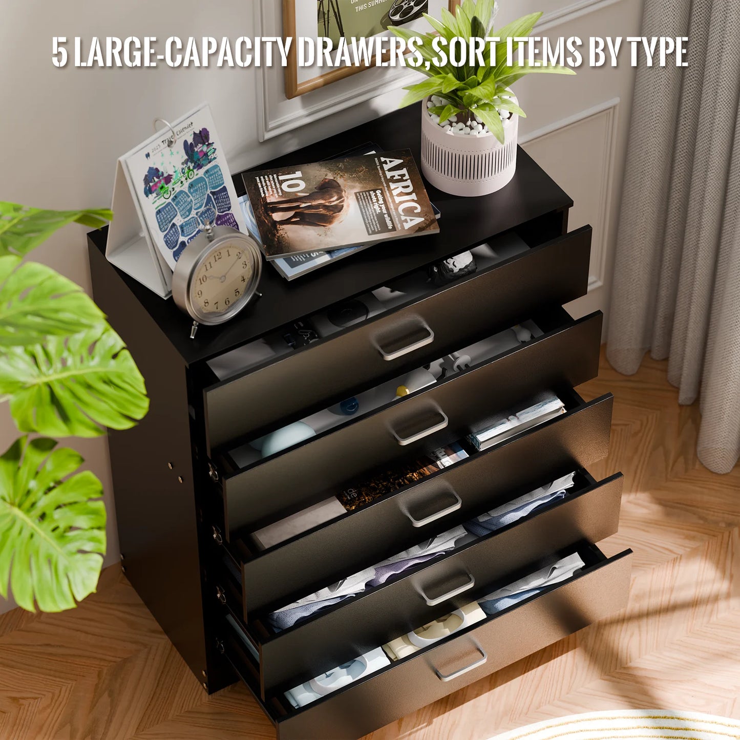 5 Drawer Chest White, Wood Storage Cabinet Dresser for Bedroom, Hallway, Closet Organizer, Modern Furniture (75x36x90cm)