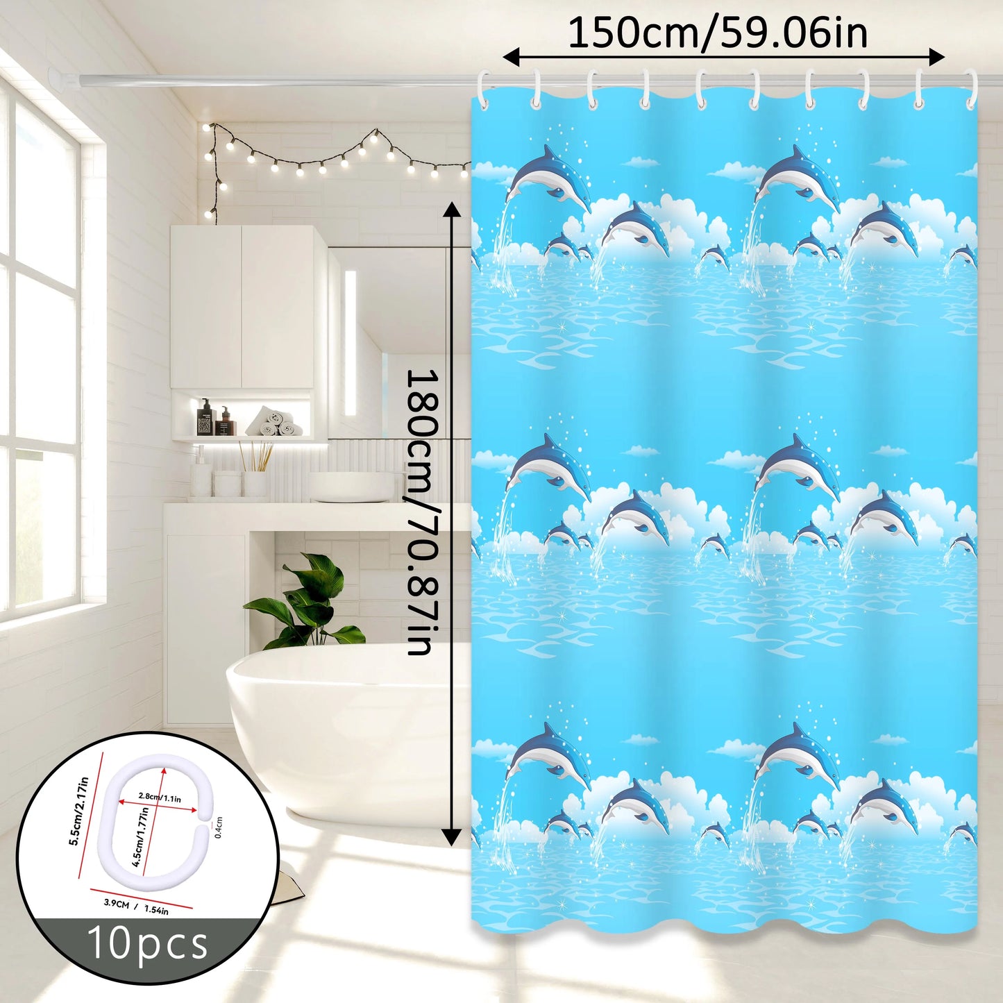 Dolphin Print Cartoon Shower Curtain, Ocean-Themed Bathroom Curtain, Cute Bathroom Curtain for Parent-Child Room