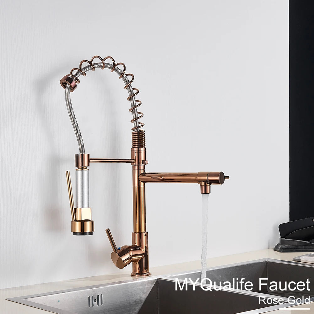 Black Pull Down Brass Kitchen Sink Faucet Hot Cold Water Mixer Crane Tap with Dual Spout 360 Rotation High Faucet Deck Mounted