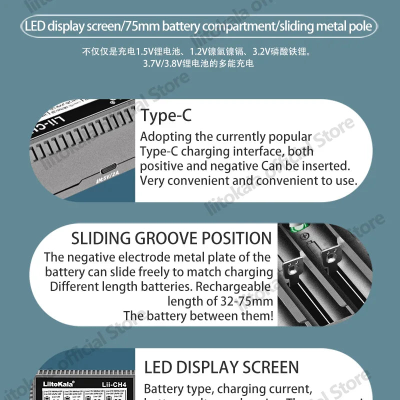 LiitoKala Lii-CH4 Smart Charger for 18650/21700/26650/AA/AAA/Ni-MH/Li-ion,1.2V/1.5V 4-Slot Fast Charge, USB-C, Auto Detect