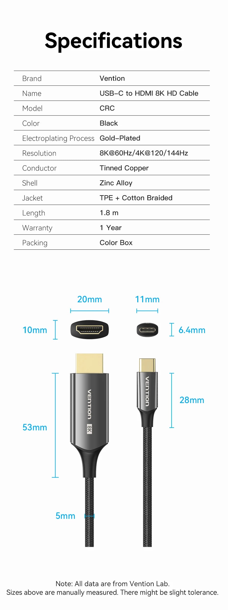 Vention USB C to HDMI Cable 8K Type c HDMI Thunderbolt 3 Adapter for MacBook Samsung Galaxy S10/S9 Huawei Honor Type c to HDMI