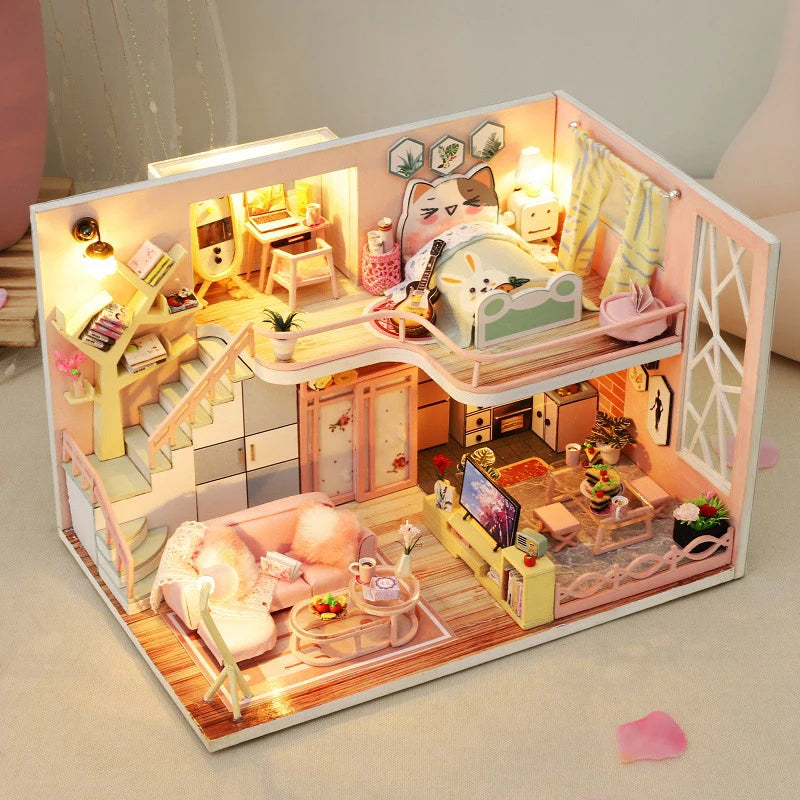 DIY Wooden Doll House Handmade Duplex Apartment Production 3D Puzzle Assembly Building Duplex Apartment Model Toy Children Gifts