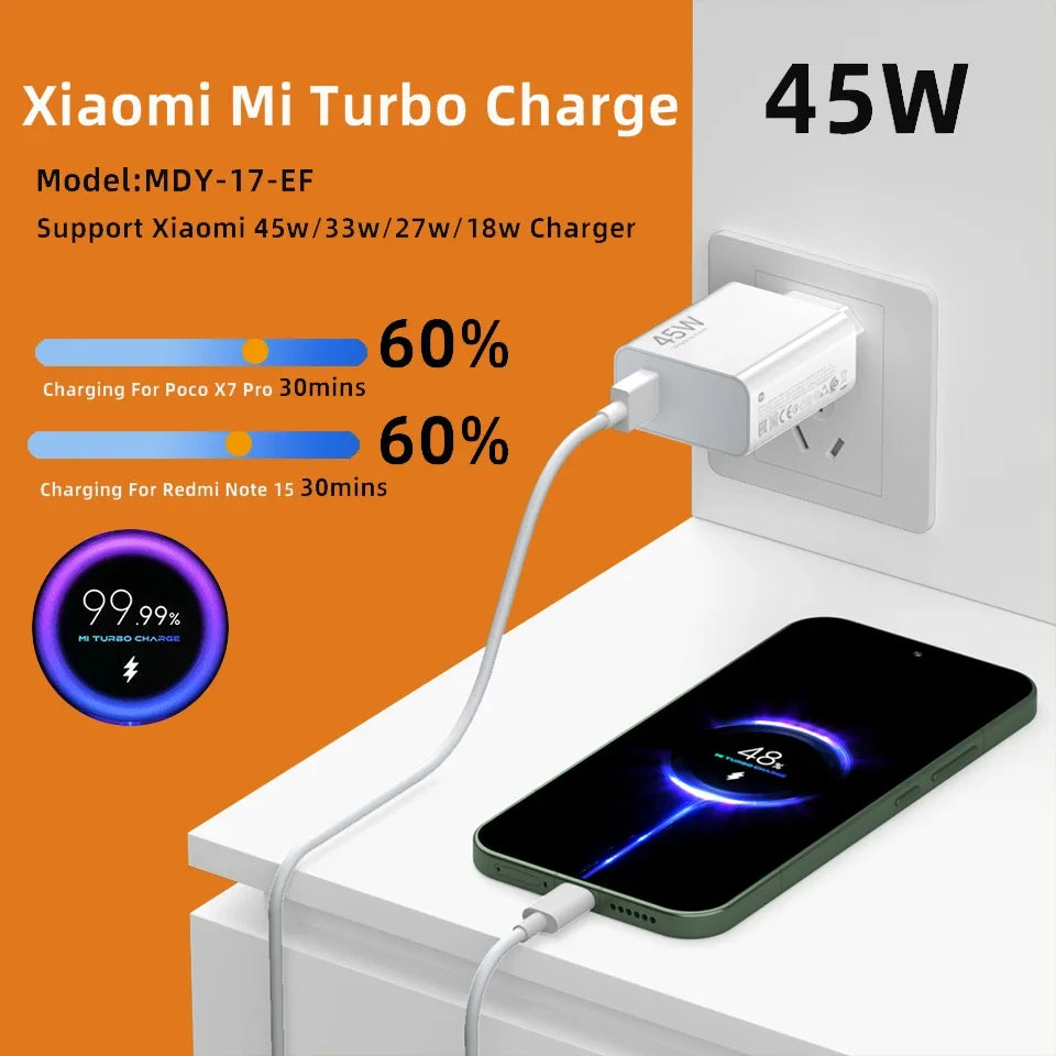 Original Xiaomi 45W EU Turbo Charger Mi Adapter 33W 27W Cable POCO Redmi Note 10 11 12 13 14 15 Pro 11T 12S 9