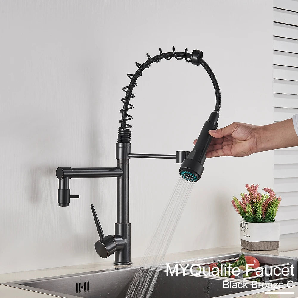 Black Pull Down Brass Kitchen Sink Faucet Hot Cold Water Mixer Crane Tap with Dual Spout 360 Rotation High Faucet Deck Mounted