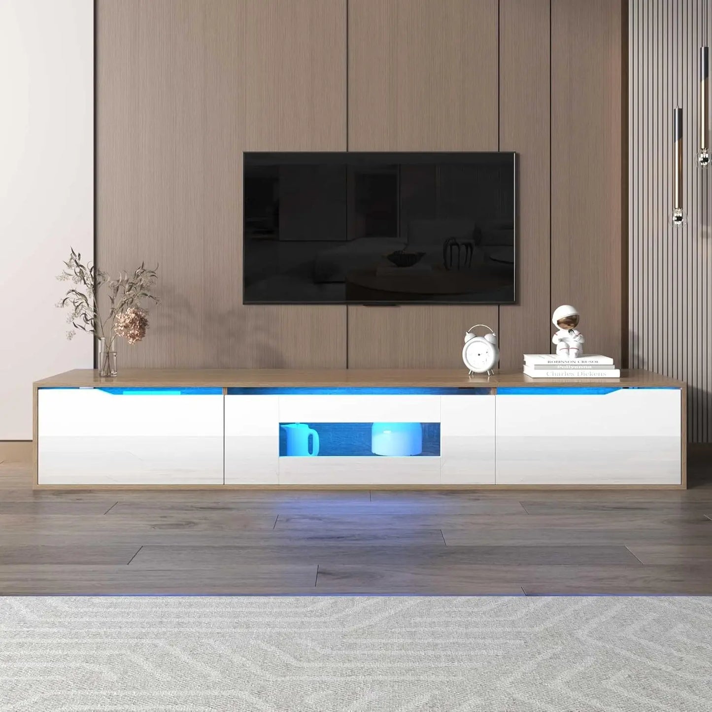 TV Cabinet High Gloss TV Cabinet Color Matching High Gloss White and Wood with Color Changing LED Light (White)