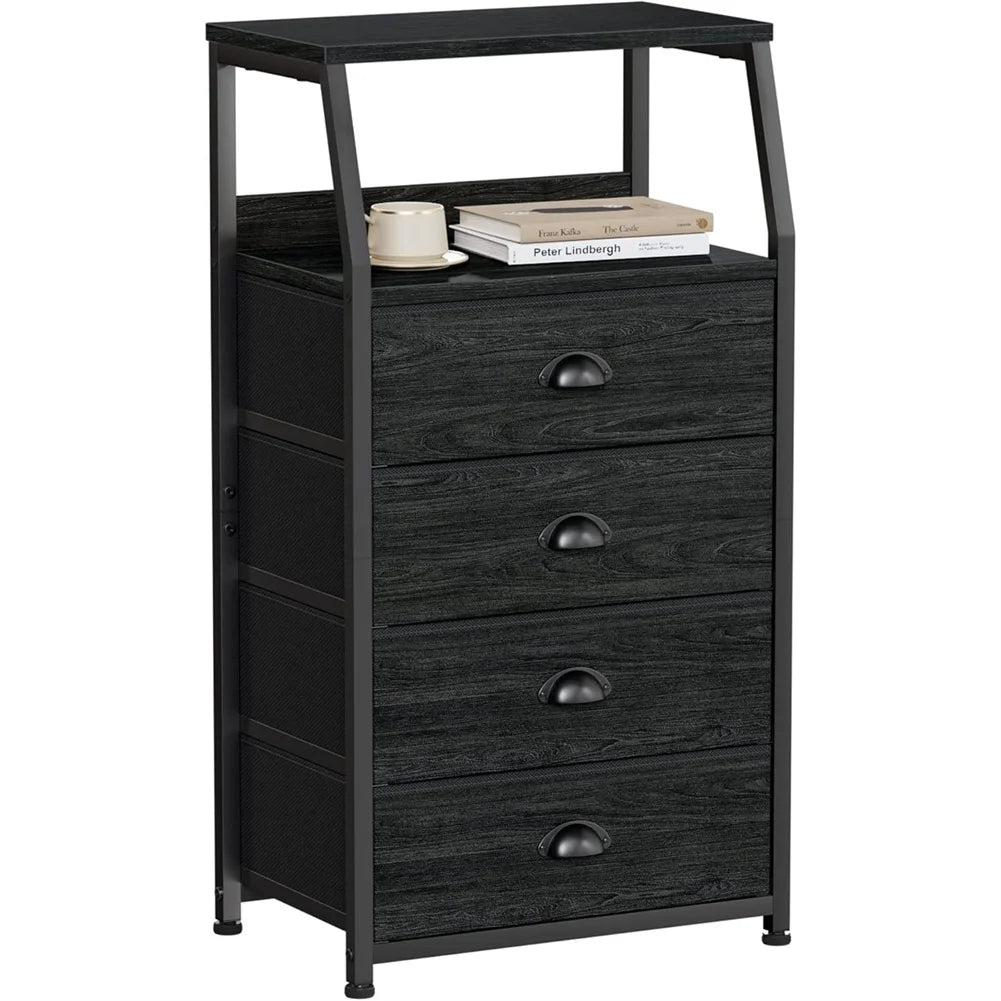 Bedside Table Side End Table with 4 Drawers & Open Shelf Nightstand Chest of Drawers Storage Unit for Living Room, Bedroom