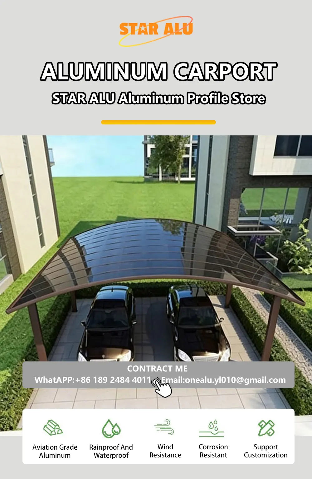 Waterproof Aluminum Outdoor Pergola with Curved Polycarbonate Top Easy Assembly Custom Size for Garden Backyard