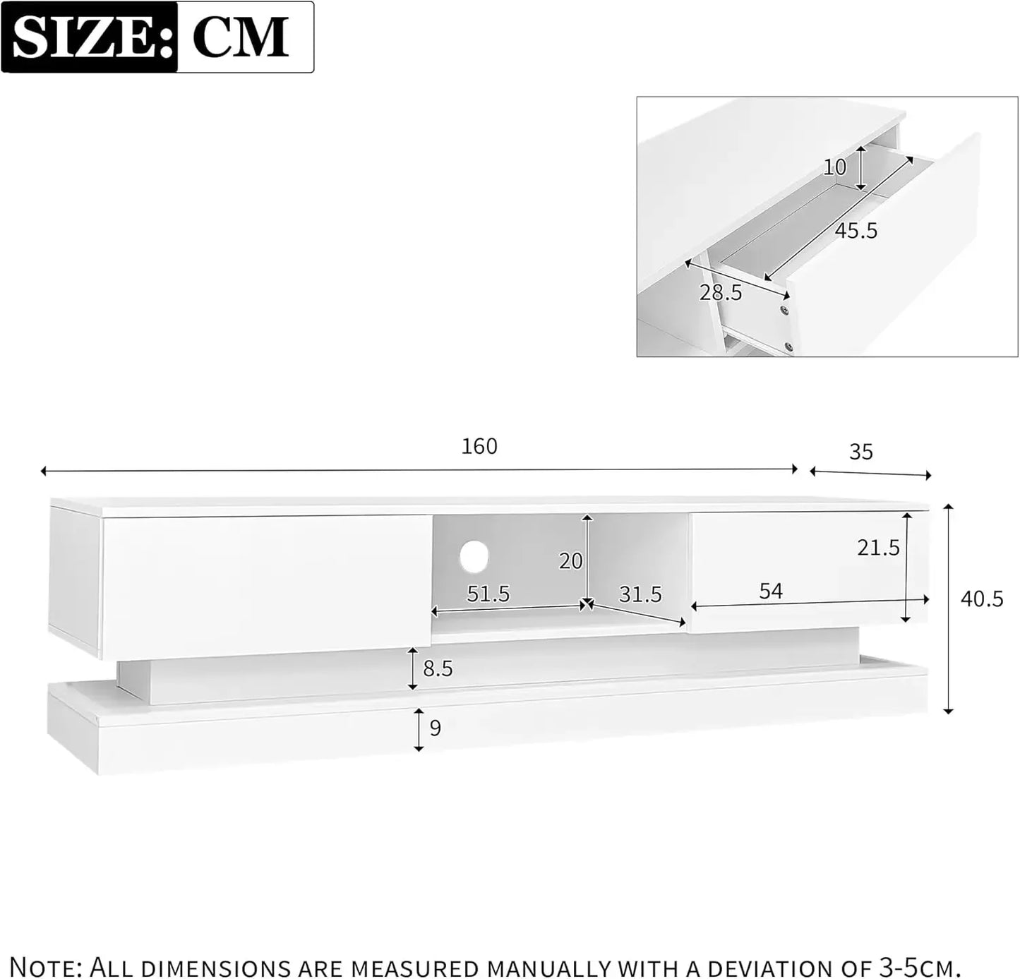 Frontal high-gloss TV stand with 16 RGB LEDs, 2 drawers, and 1 open storage space for 70-79-inch TV stand in living room