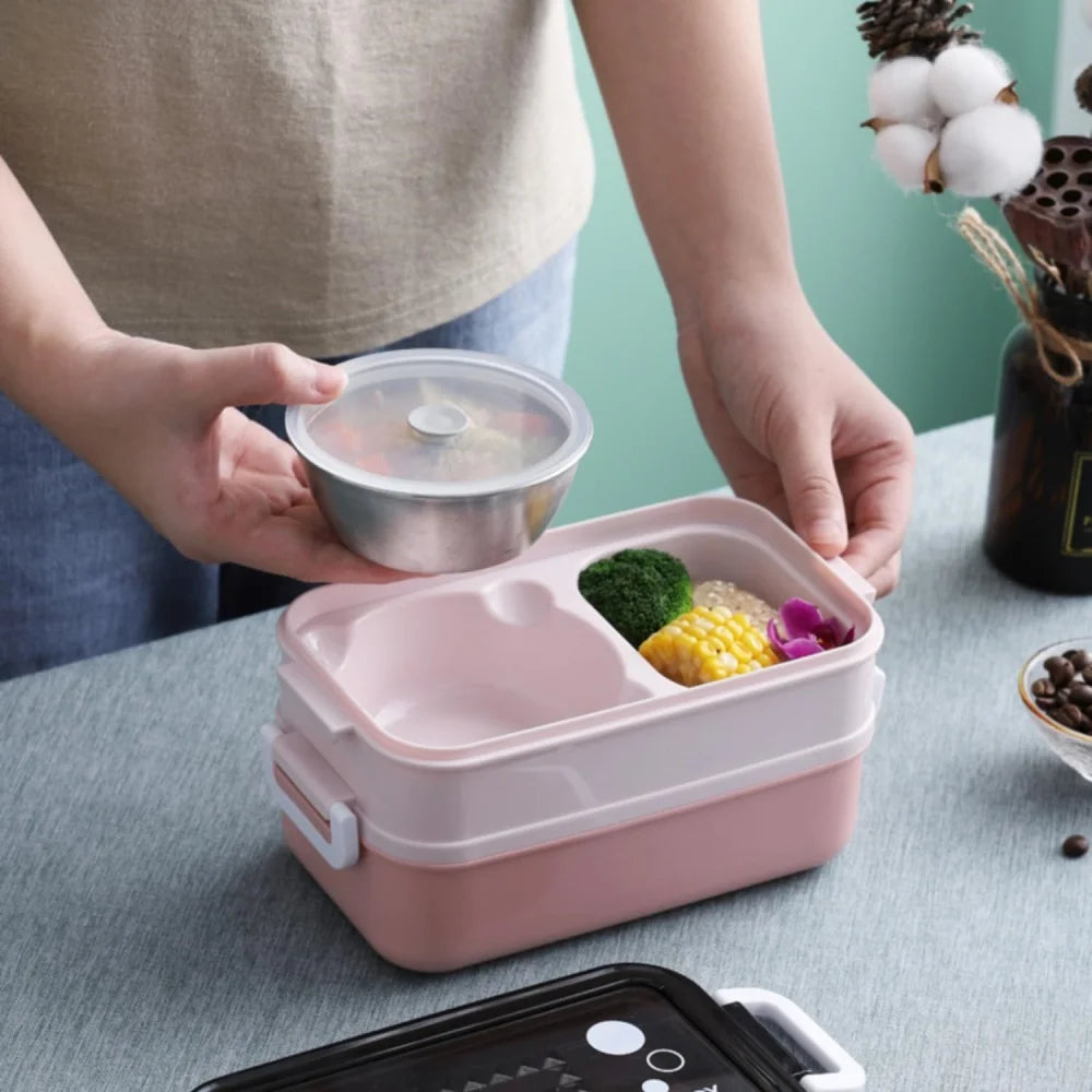 Double-layer Lunch Box 1pc Portable Compartment Food Box Microwave Lunch Box With Fork Chopsticks And Spoon for School office