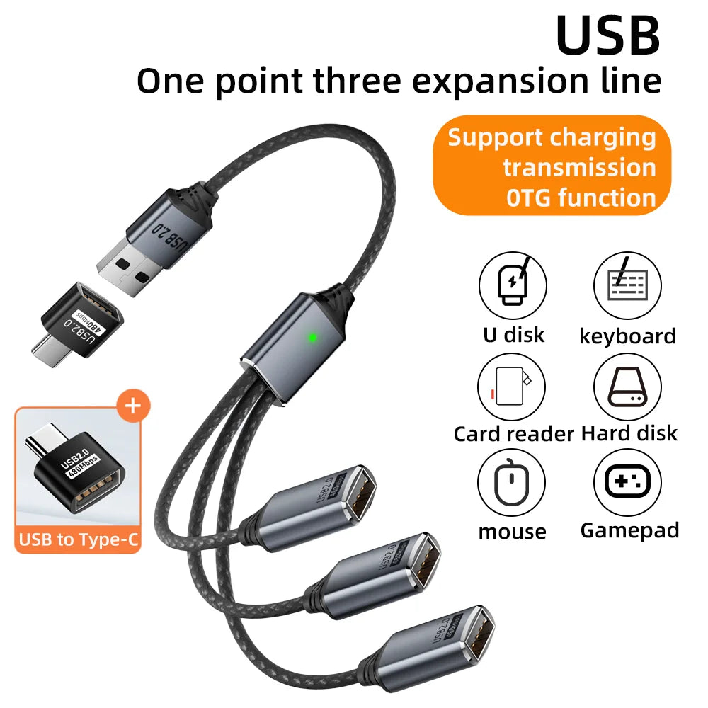 3 in 1 USB A & Type C Splitter HUB Expansion Cable Multi Port Expander OTG Adapter Fast Charging Data Sync for Phone Tablet