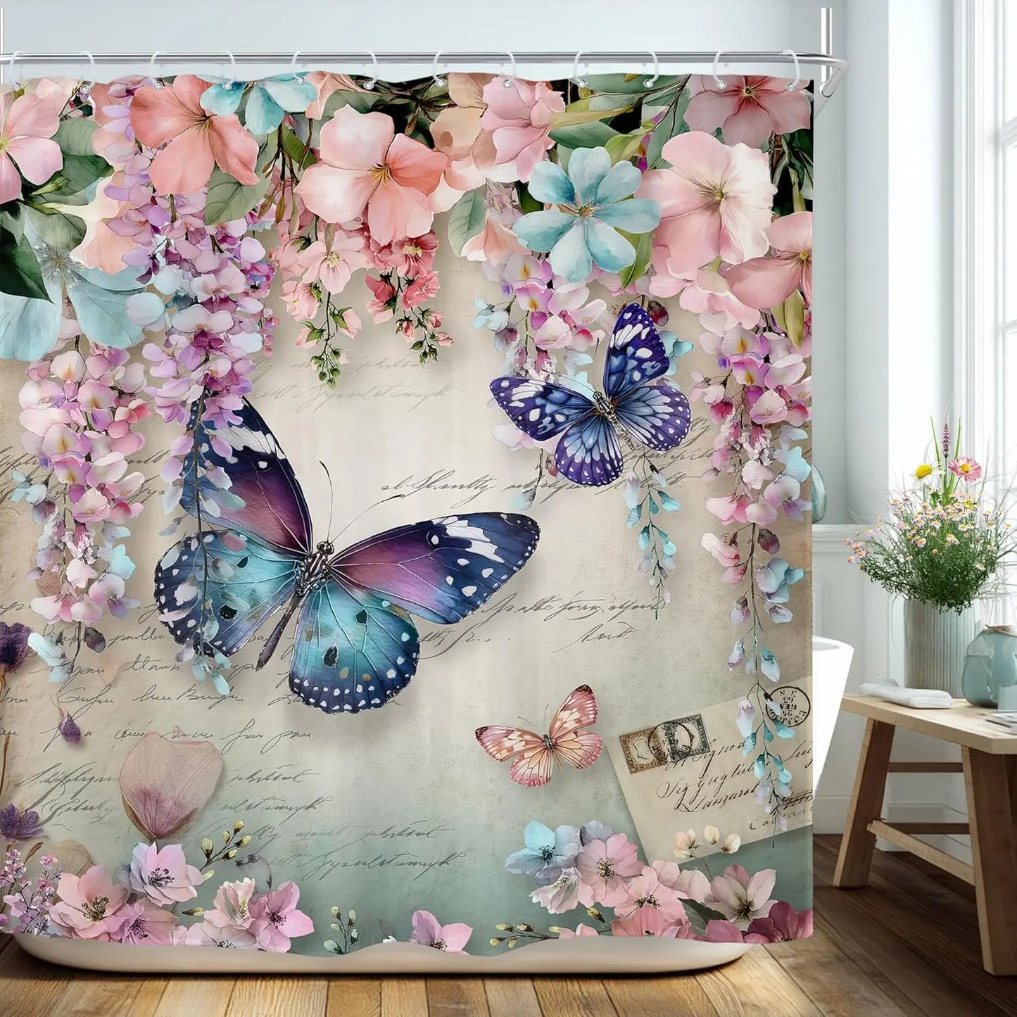 Fantasy Shower Curtain Fairy Beautiful Wonderland Woodland Tree Wildflower Floral Garden Butterfly Plant Tale Nature Bathroom