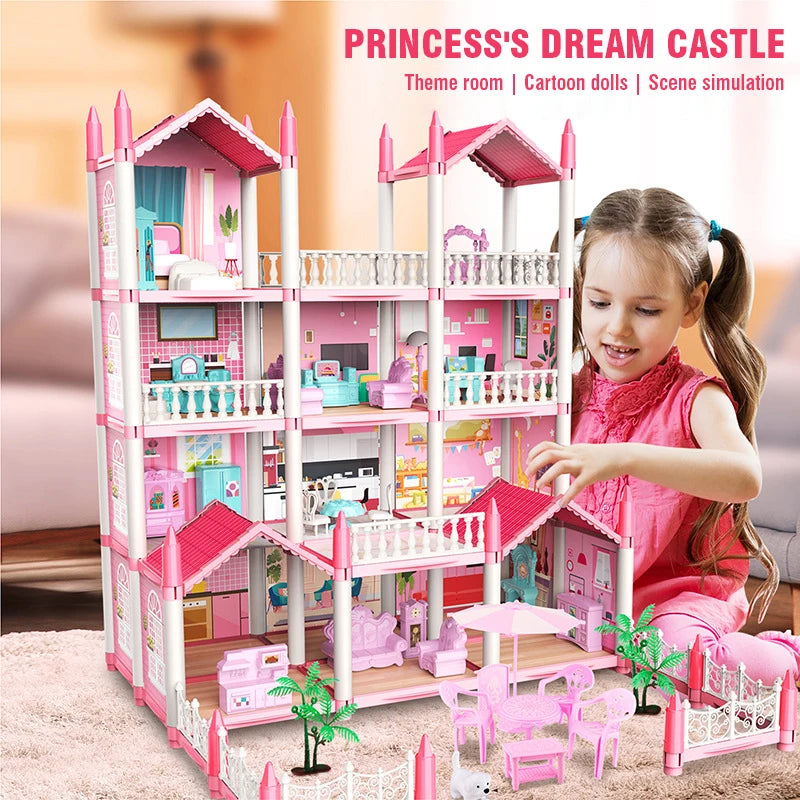 Girl Doll House Toy Children Pretend Play Dollhouse Villa Patchwork Dream Furniture Home Doll House for Kids Christmas Toy Gifts