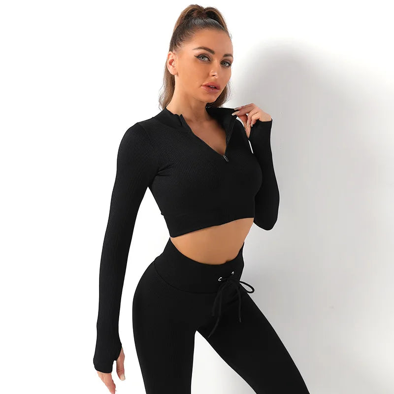 Seamless Women Yoga Set Workout Sportswear Gym Clothing Zipper Long Sleeve High Waist Leggings Fitness Bra Athletic Sports Suits