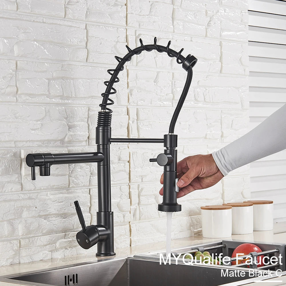 Black Pull Down Brass Kitchen Sink Faucet Hot Cold Water Mixer Crane Tap with Dual Spout 360 Rotation High Faucet Deck Mounted