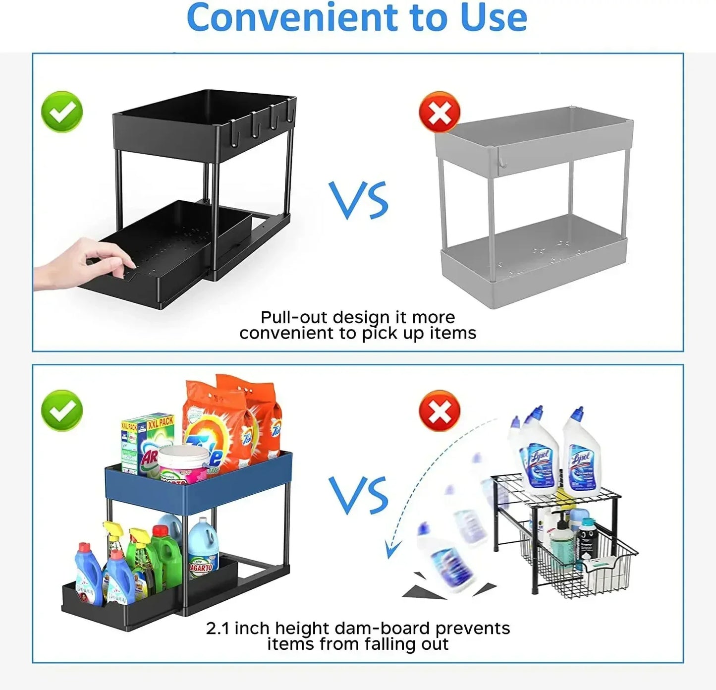 2-Tier Pull Out Under Sink Organizer, Storage Rack with Hooks & Cups, Space Saving Slide-Out Shelf for Kitchen Bathroom Cabinet