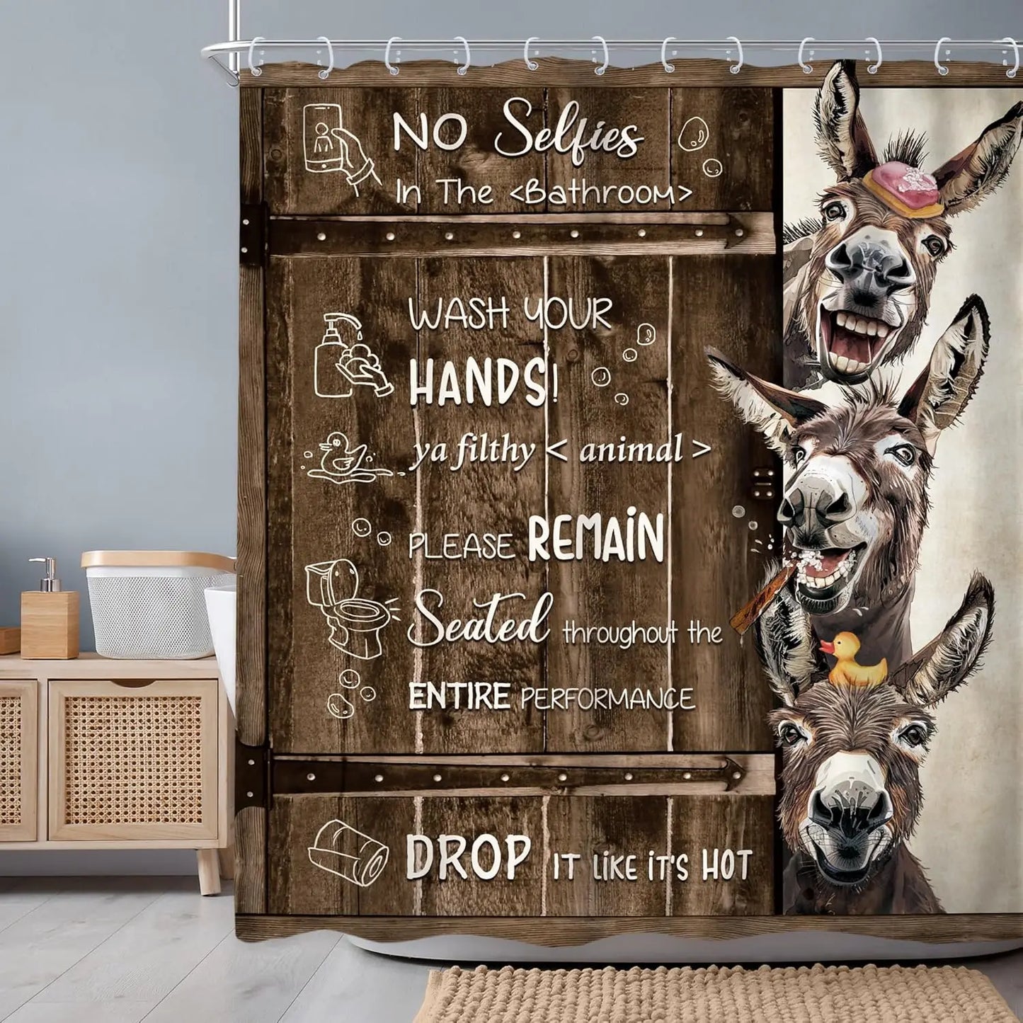 Funny Pig Shower Curtain Farmhouse Rustic Farm Animal in Bathtub Cute Western Country Shower Curtain Bathroom Set Pink Floral