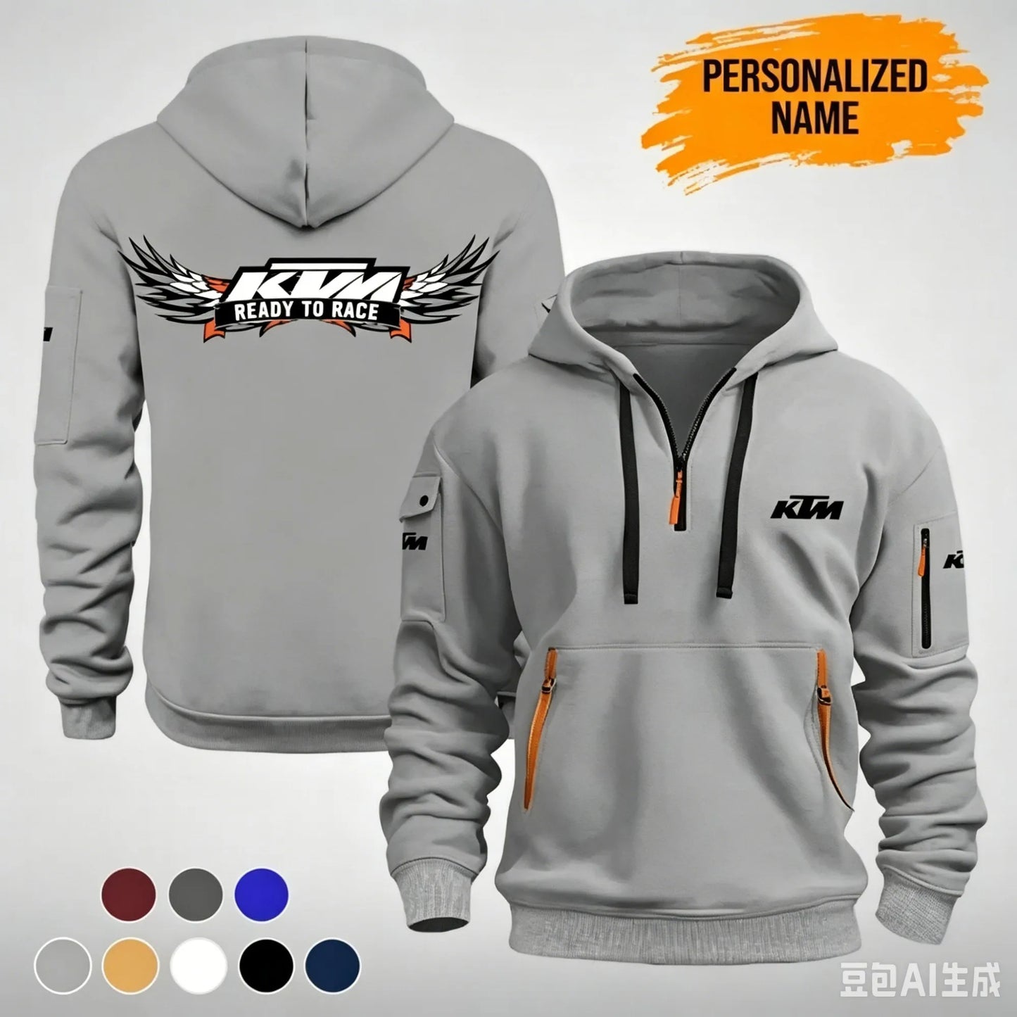 The KTM “Ready to Race” printed half-zip hoodie features workwear pockets and arm pockets, perfect for motorcycle enthusiasts.