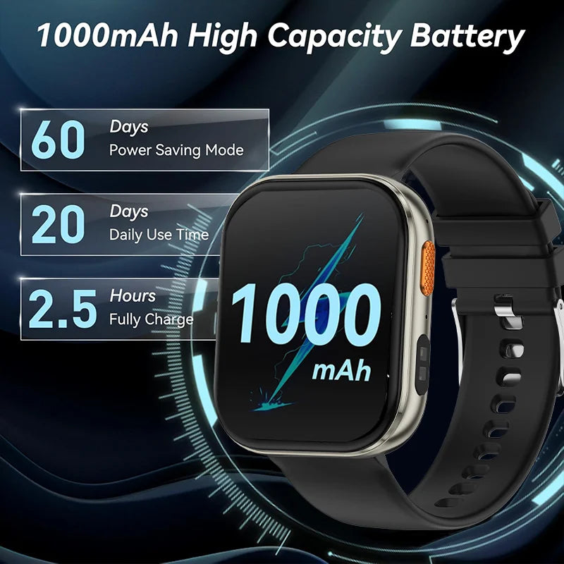 Outdoor New 1000mAh SmartWatch 2.04"HD Screen Smartwatch LED Flashlight 100+sports mode BT Call Waterproof SmartWatches Men Wome