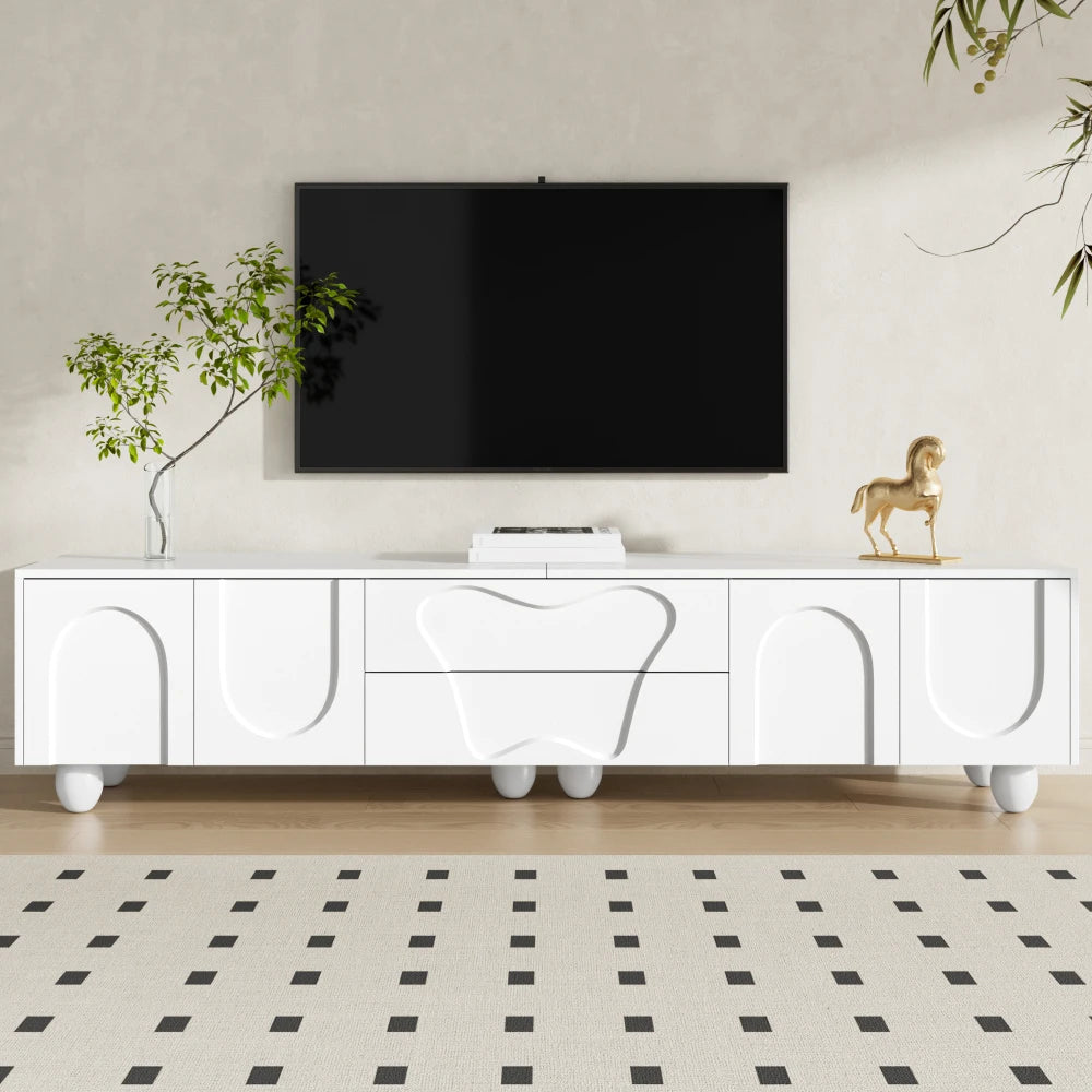 180cm Modern TV Stand for TVs up to 65 inches, Storage TV Cabinet with Solid Wood Legs, Black PB Board Entertainment Center for