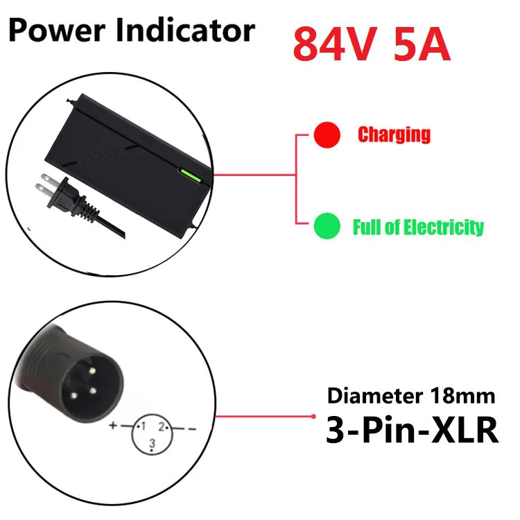 72V Charger 5A 20S Lithium-ion Battery Pack Charger 84V 5A Intelligent Fast Charging EU / US Plug With Cooling Fan