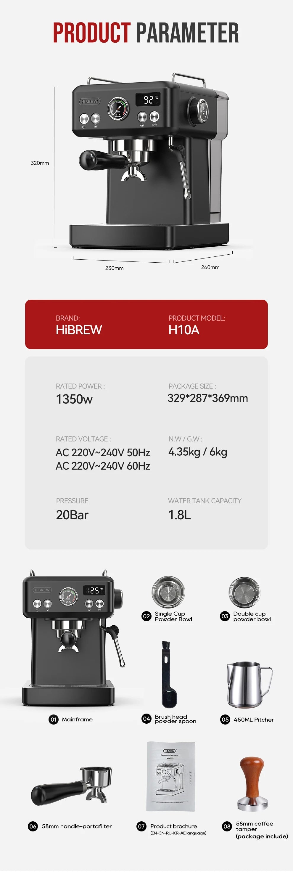 HiBREW H10A Black Espresso Machine Temperature Volume Pre Brewing Adjustable 58mm Portafilter Cappuccino Coffee Maker
