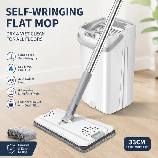 Hands-Free Squeeze Flat Mop and Bucket Set 33cm Large Self-Wringing Floor Cleaning Tool Dry Wet 360 Spin with 4 Pads Home