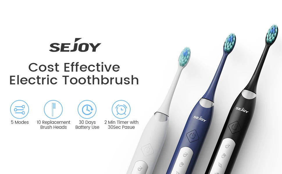Sejoy Electric Sonic Toothbrush with 10 pcs Replacement Heads Rechargeable Waterproof Tooth Brushes for Home Travel
