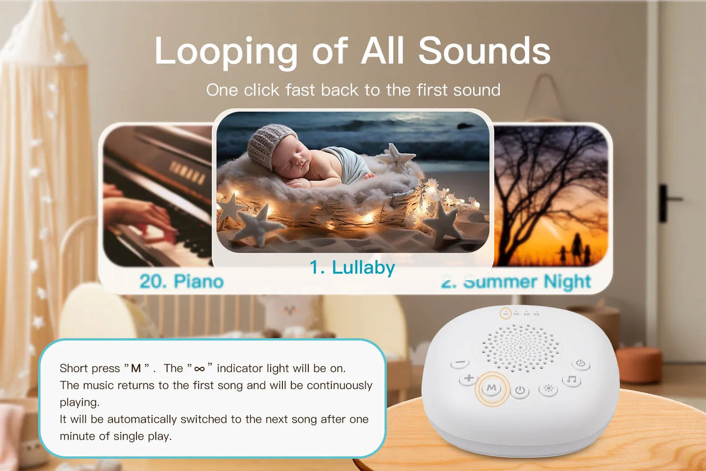 White Noise Sound Machine with 24 Soothing Sounds Sleep Aid for Babies Kids Adults  Rechargeable Night Light Newborn Gifts