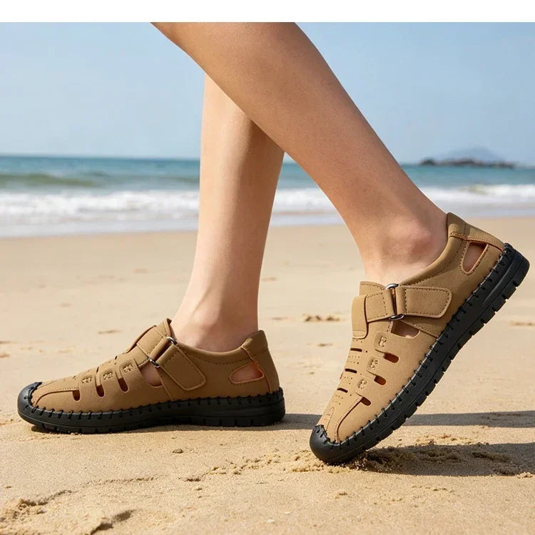 Men's Summer Hollow out Comfortable Breathable Slip-On Leather Shoes Anti-Slip Soft Bottom Outdoor Casual Loafers-1375