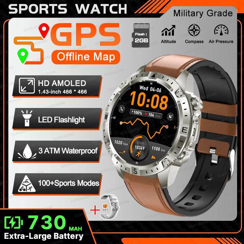 New TANK Military GPS Offline Map Smart Watch 730mAh 3 ATM Waterproof Sports Compass Heart Rate 2GB HD Bluetooth Call SmartWatch