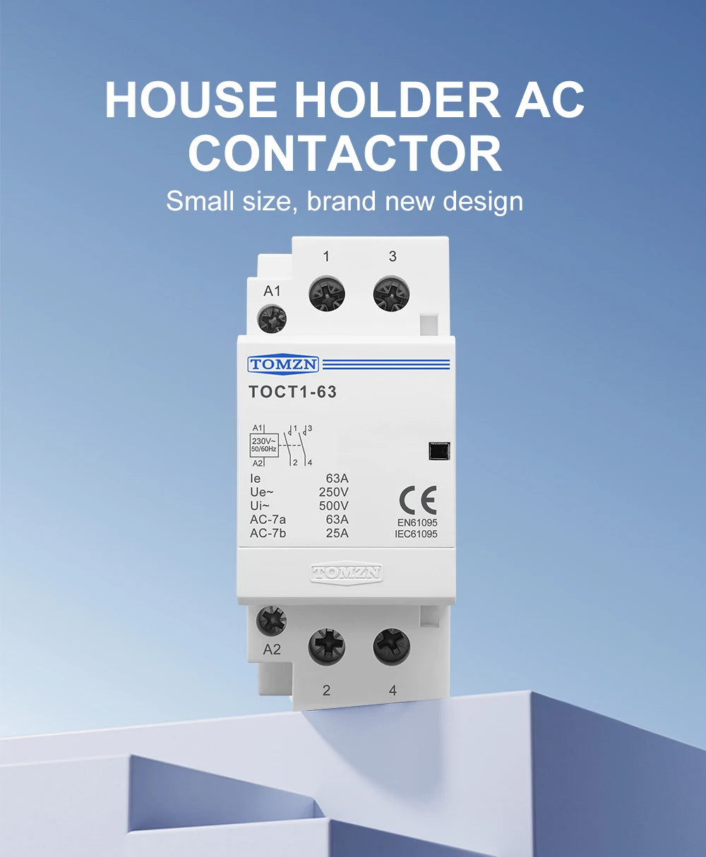 TOMZN TOCT1-63 2P 63A AC 110V/120V 220V/230V 50/60Hz Din Rail Household AC Modular Contactor 2NO/1NO1NC/2NC